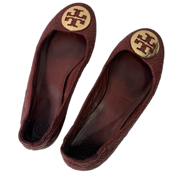 Tory Burch Maroon Quilted Minnie Nappa Leather Travel Ballet Flats Size 10 M - Picture 3 of 10